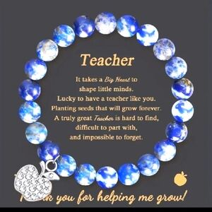 NEW! Natural Stone Beaded Bracelets w/ Rhinestone Apple 🍎 Charm ~ 🎄Teacher 🎁